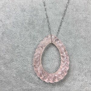 Elegant Soft pink Rose Quartz Carved Hollow Teardrop Pendant Necklace